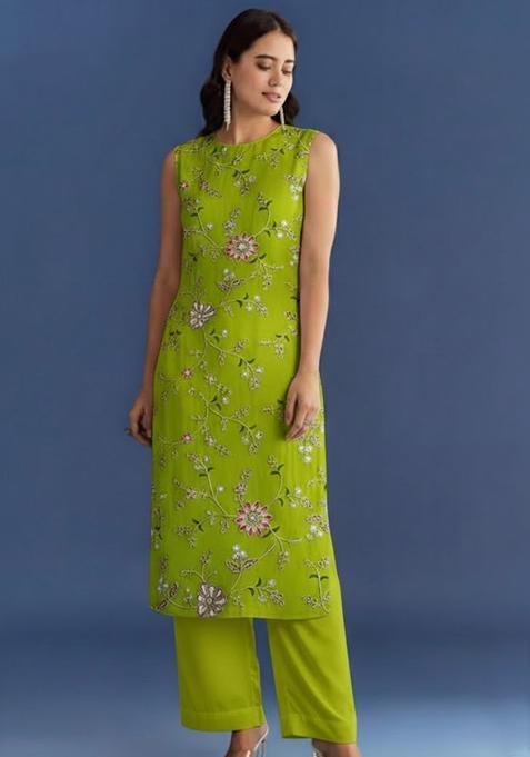Parrot Green Embroidered Crepe Kurta Set
