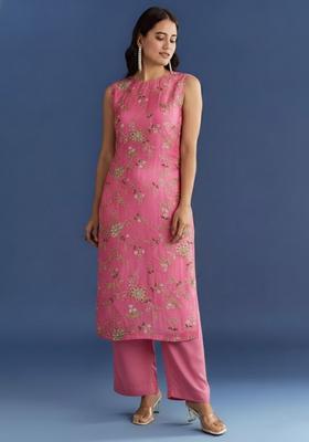 Pink Embroidered Crepe Kurta Set