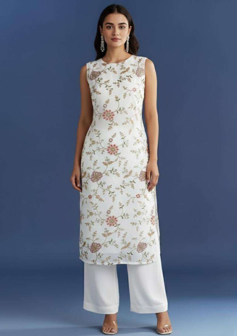 White Embroidered Crepe Kurta Set - Indya
