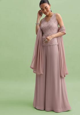 Dusty Pink Embroidered Crepe Fusion Set