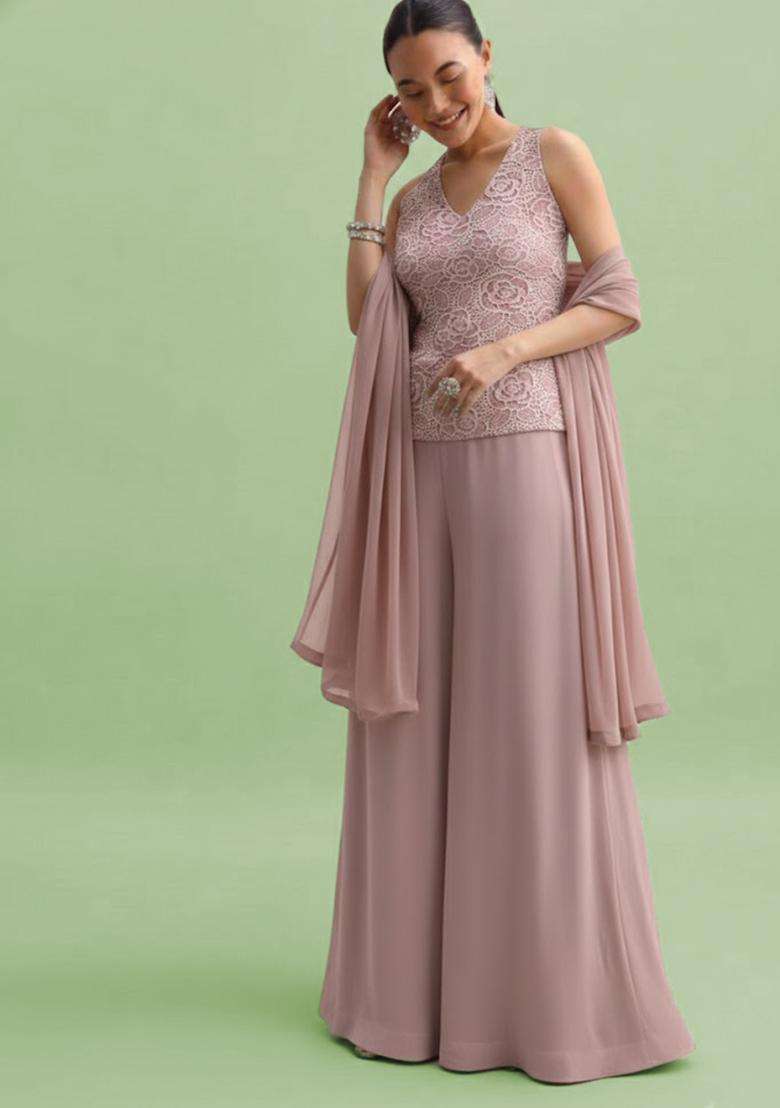 Dusty Pink Embroidered Crepe Fusion Set - Indya