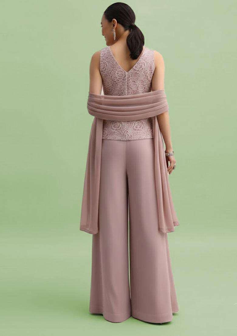 Dusty Pink Embroidered Crepe Fusion Set - Indya