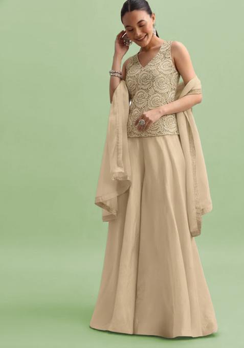 Cream Embroidered Crepe Fusion Set