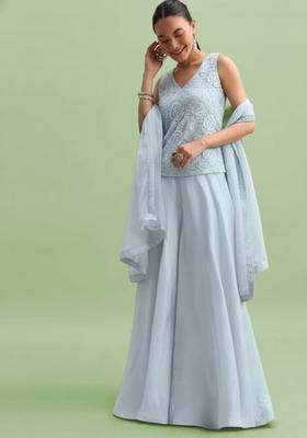 Light Blue Embroidered Crepe Fusion Set