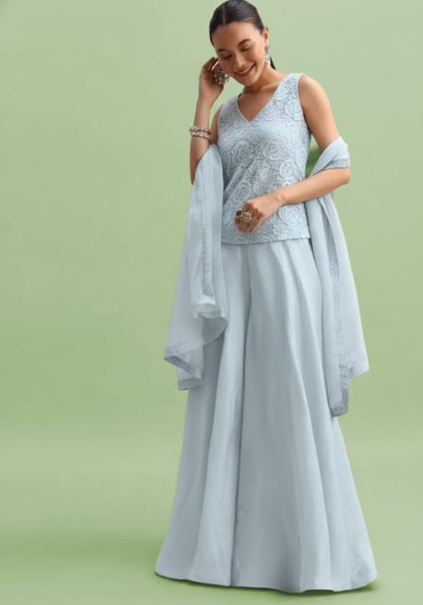 Light Blue Embroidered Crepe Fusion Set