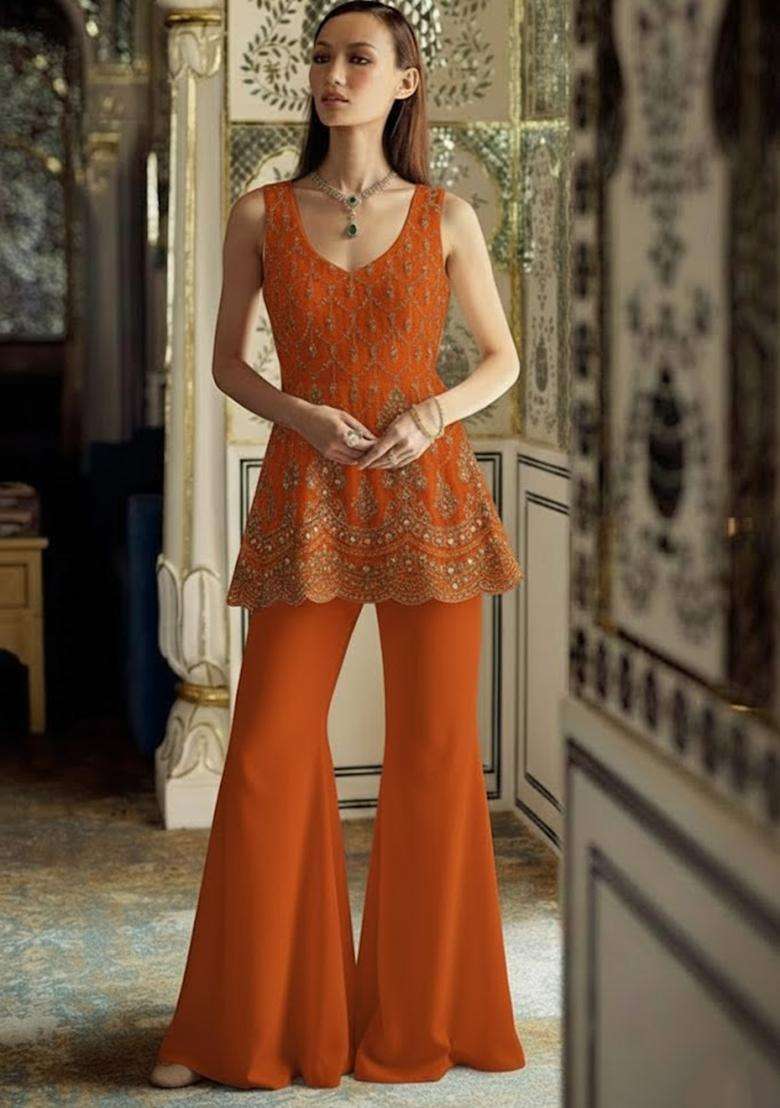 Orange Sequin Shimmer Fusion Set - Indya