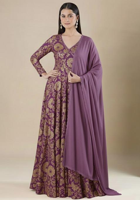 Purple Lurex Anarkali With Dupatta