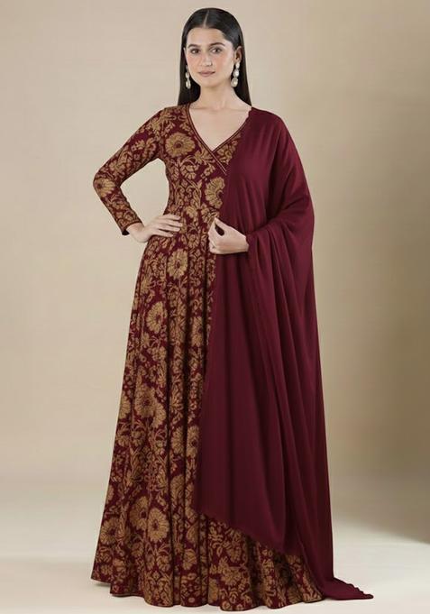 Maroon Printed Silk Anarkali With Dupatta