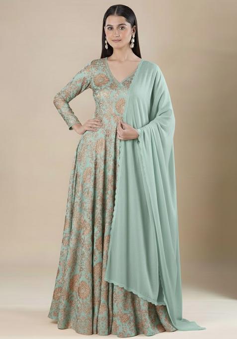 Teal Printed Silk Anarkali With Dupatta