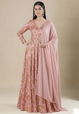 Rose Pink Printed Silk Anarkali With Dupatta