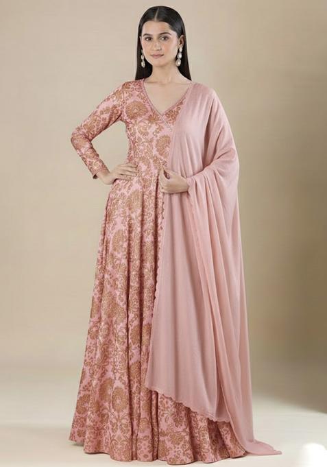 Rose Pink Printed Silk Anarkali With Dupatta