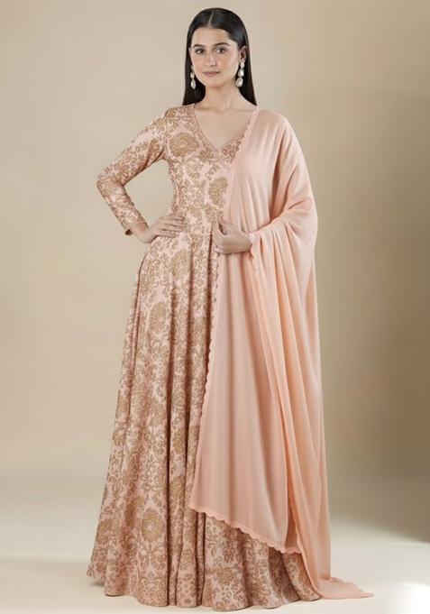 Peach Printed Silk Anarkali With Dupatta
