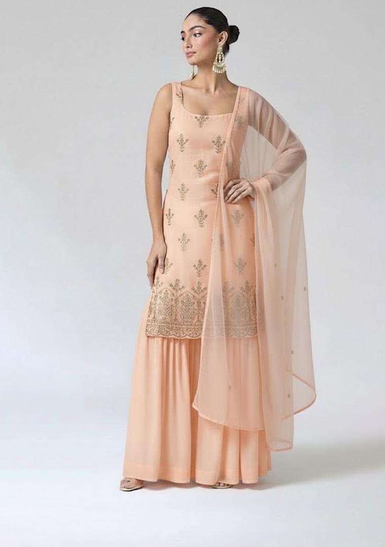 Peach Sequin Shimmer Sharara Set - Indya