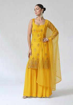 Yellow Sequin Shimmer Sharara Set