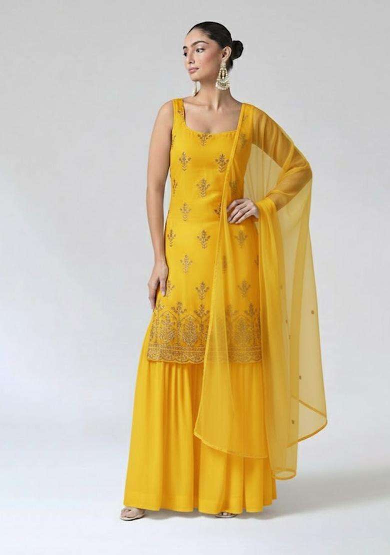 Yellow Sequin Shimmer Sharara Set - Indya