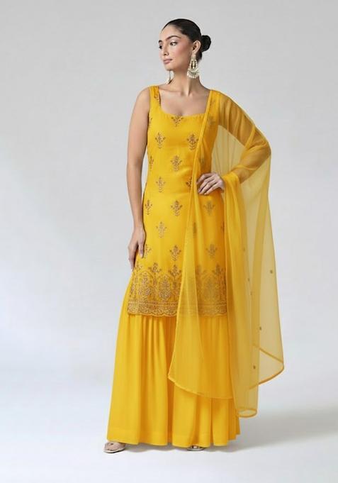 Yellow Sequin Shimmer Sharara Set