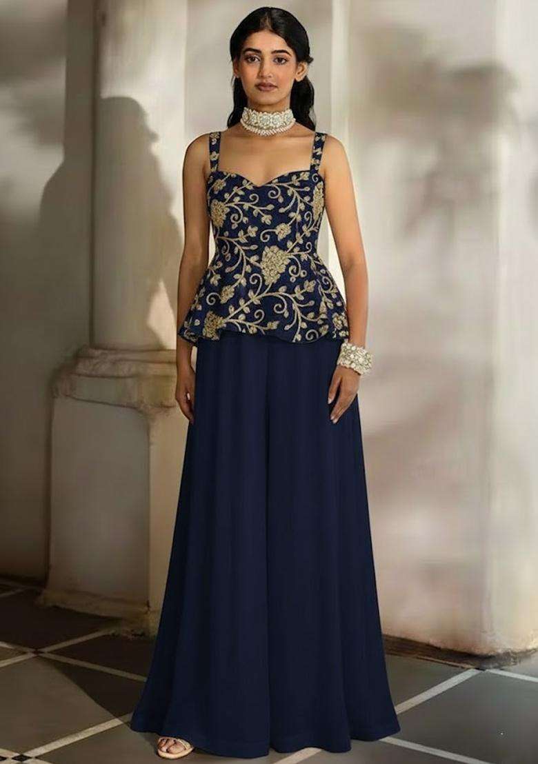 Navy Blue Sequin Net Fusion Set - Indya