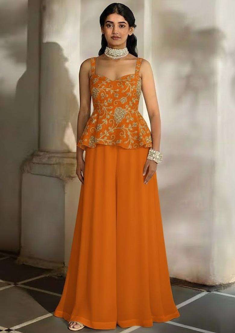 Orange Sequin Net Fusion Set - Indya