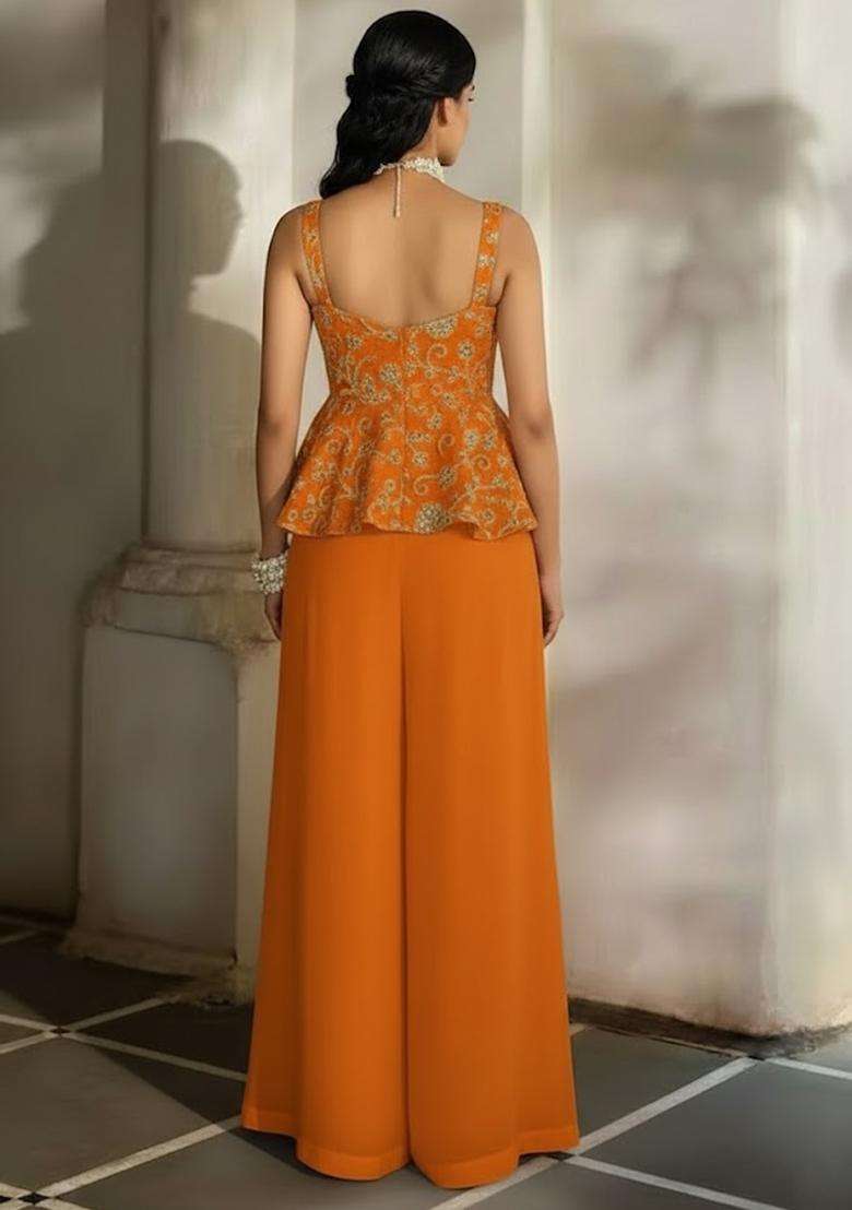Orange Sequin Net Fusion Set - Indya