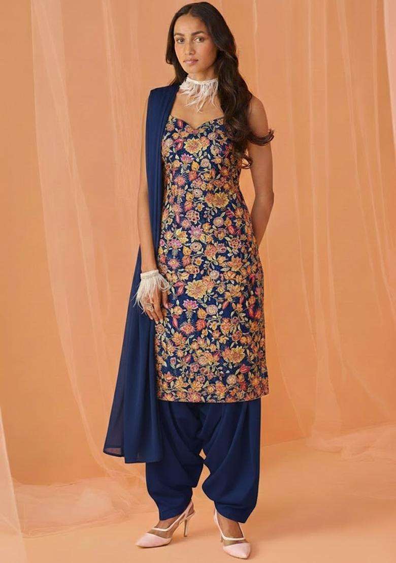 Navy Blue Printed Crepe Kurta Set - Indya