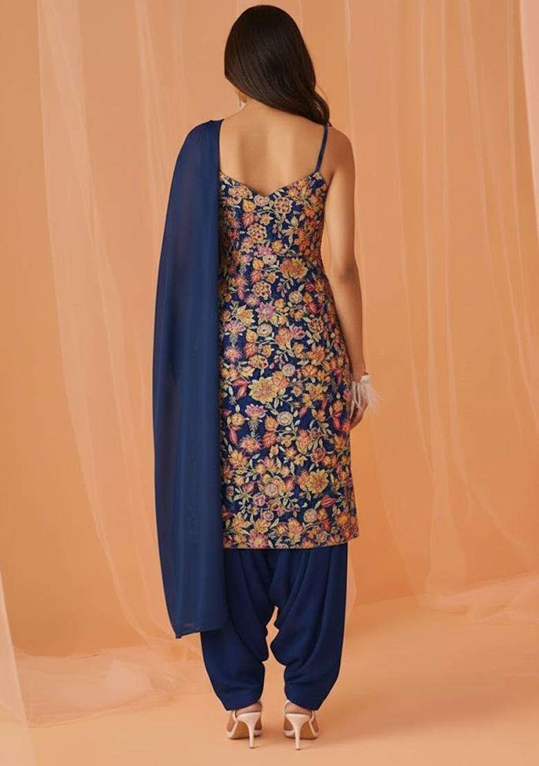 Navy Blue Printed Crepe Kurta Set - Indya