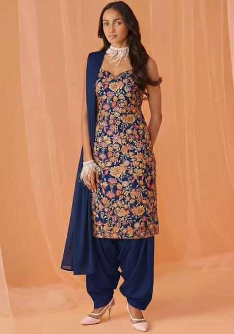 Navy Blue Printed Crepe Kurta Set