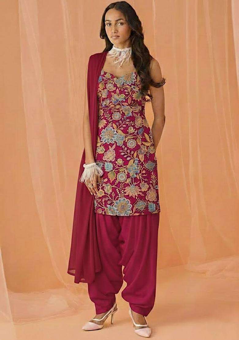 Pink Printed Crepe Kurta Set - Indya