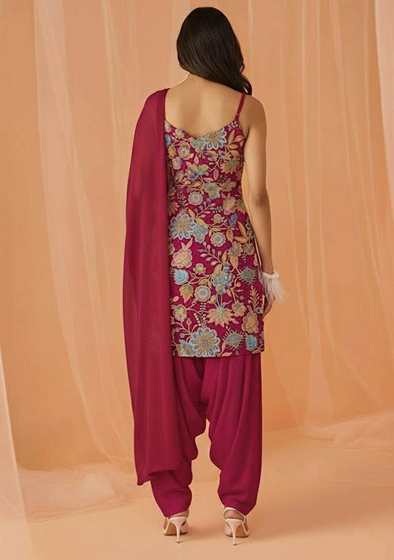 Pink Printed Crepe Kurta Set - Indya