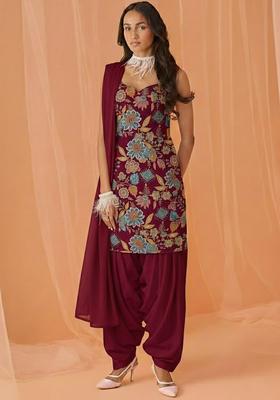 Maroon Printed Crepe Kurta Set