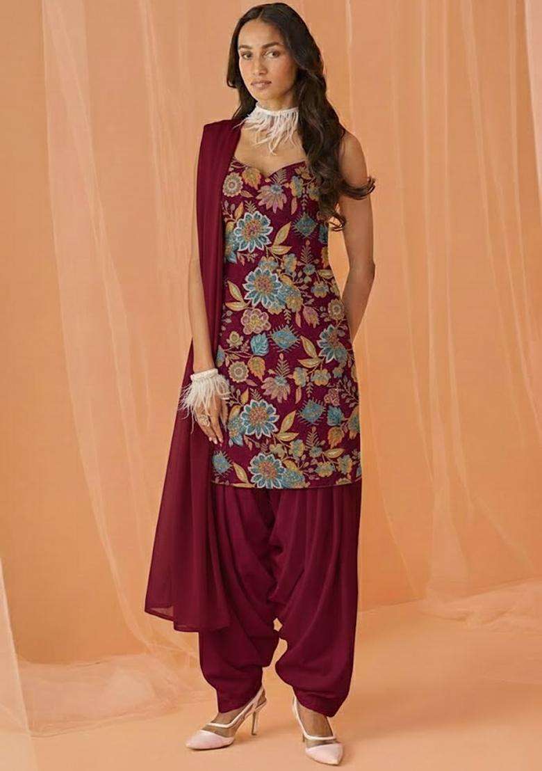 Maroon Printed Crepe Kurta Set - Indya