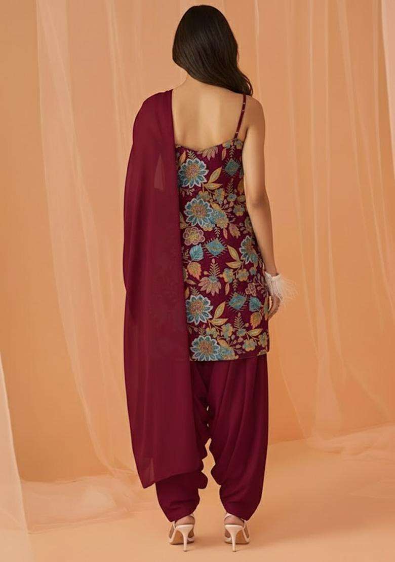 Maroon Printed Crepe Kurta Set - Indya