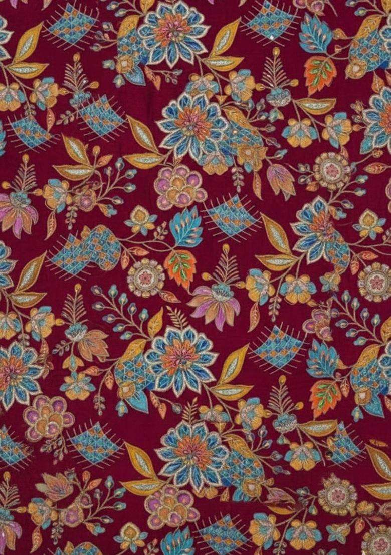 Maroon Printed Crepe Kurta Set - Indya