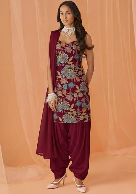 Maroon Printed Crepe Kurta Set