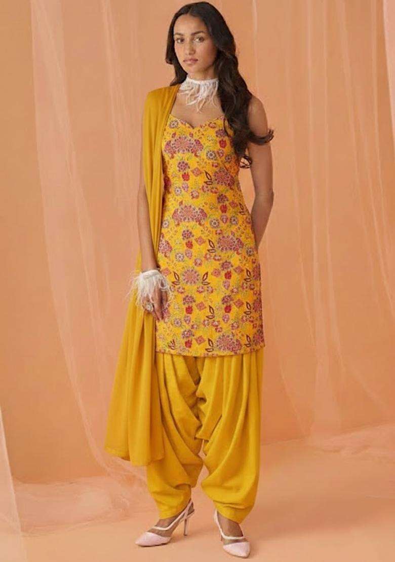 Yellow Printed Crepe Kurta Set - Indya