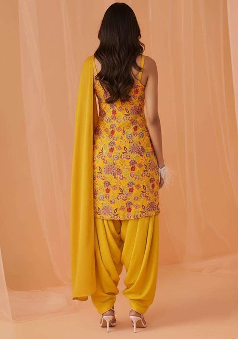 Yellow Printed Crepe Kurta Set - Indya