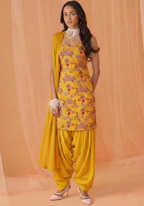 Yellow Printed Crepe Kurta Set