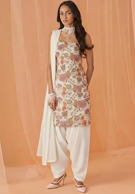 White Printed Crepe Kurta Set