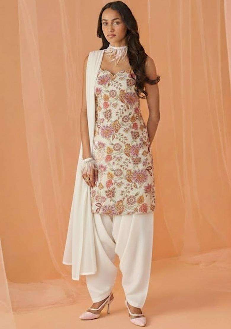 White Printed Crepe Kurta Set - Indya