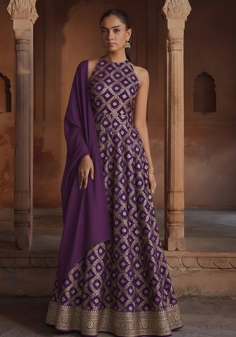Purple Silk Anarkali With Dupatta