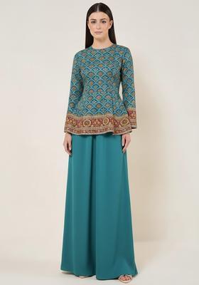 Teal Blue Embroidered Crepe Fusion Set