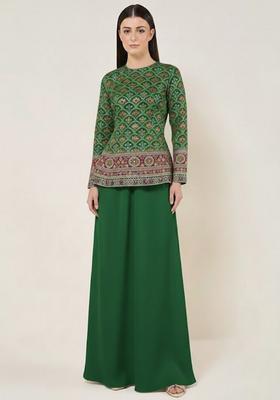 Green Embroidered Crepe Fusion Set