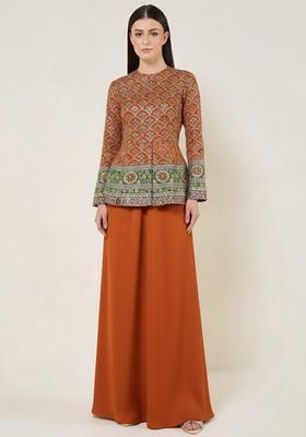 Orange Embroidered Crepe Fusion Set