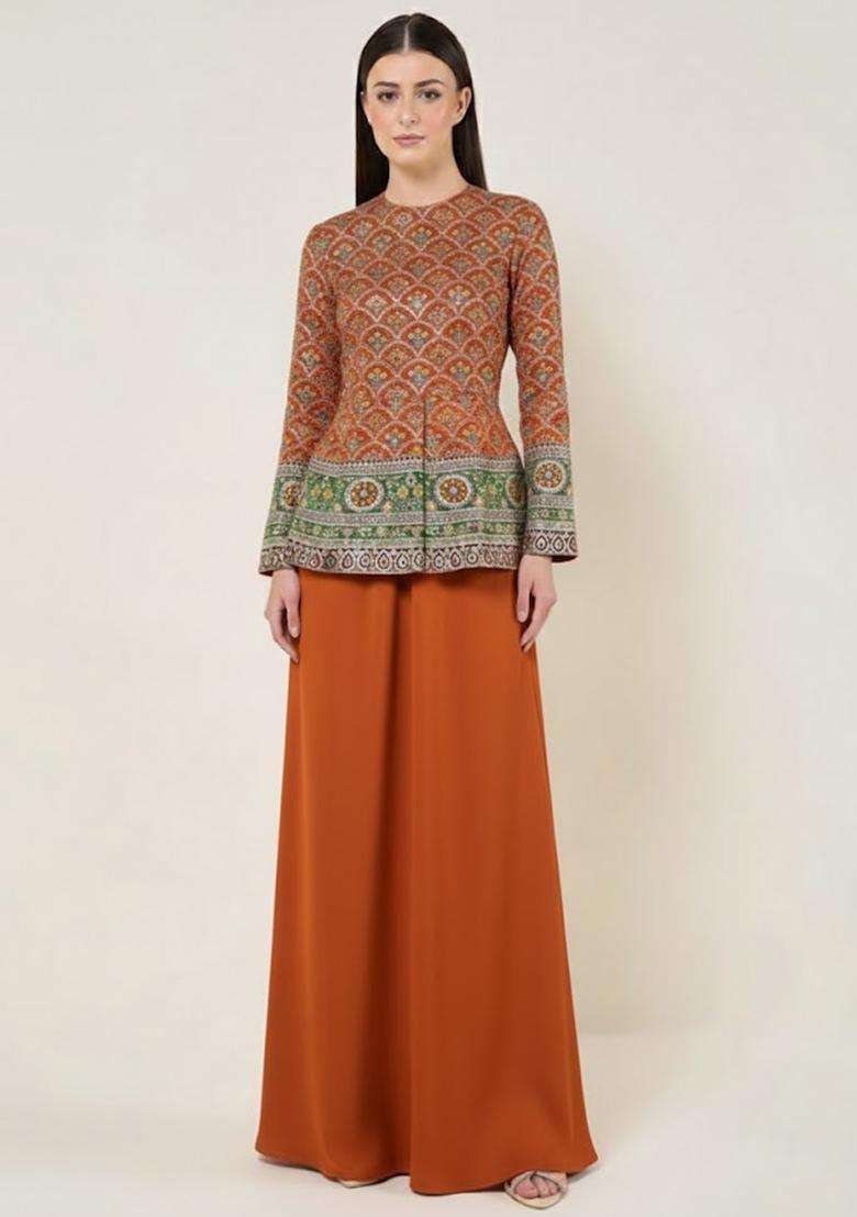 Orange Embroidered Crepe Fusion Set - Indya