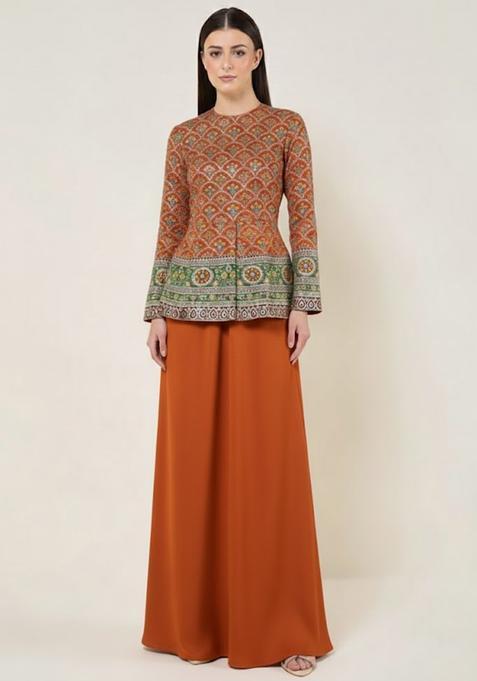 Orange Embroidered Crepe Fusion Set