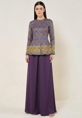 Purple Embroidered Crepe Fusion Set