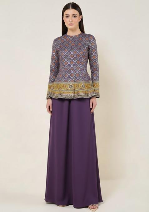 Purple Embroidered Crepe Fusion Set