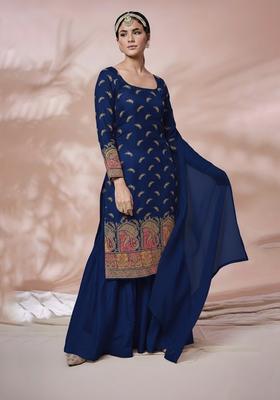 Navy Blue Embroidered Silk Fusion Set