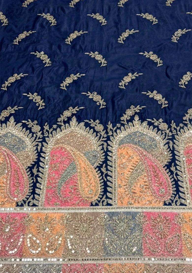 Navy Blue Embroidered Silk Fusion Set - Indya