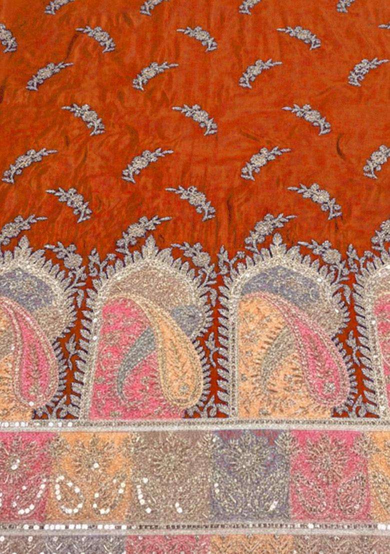 Orange Embroidered Silk Fusion Set - Indya