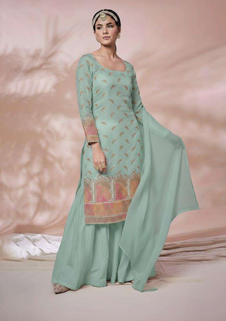 Teal Embroidered Silk Fusion Set - Indya